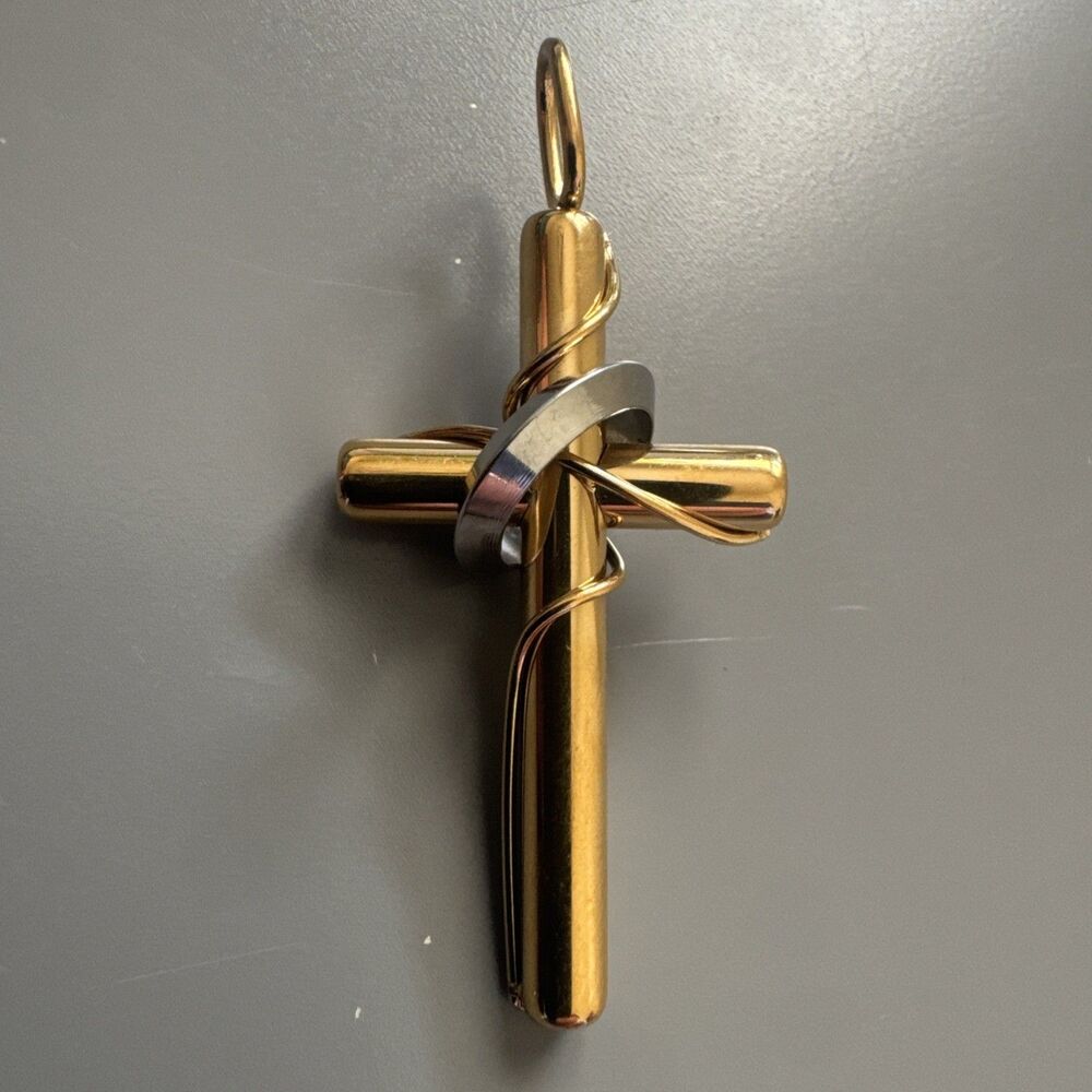 Cylindrical Gold-Tone Cross Wrapped Delicate Wire Stainless Steel 24” Necklace